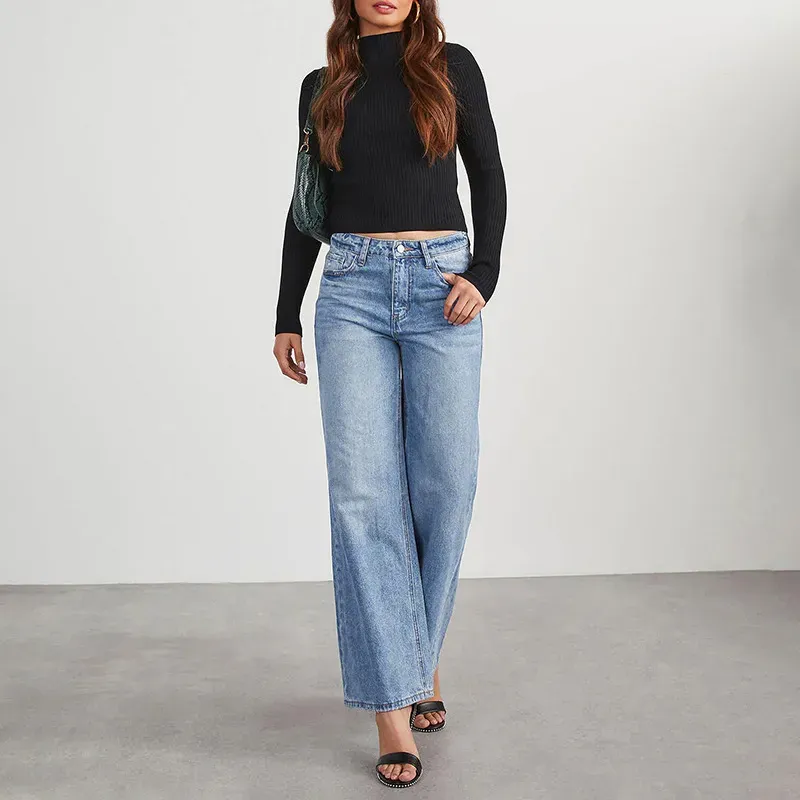 Women Fashion Light Color High Waist Stretch Wide Leg Jeans - Image 4