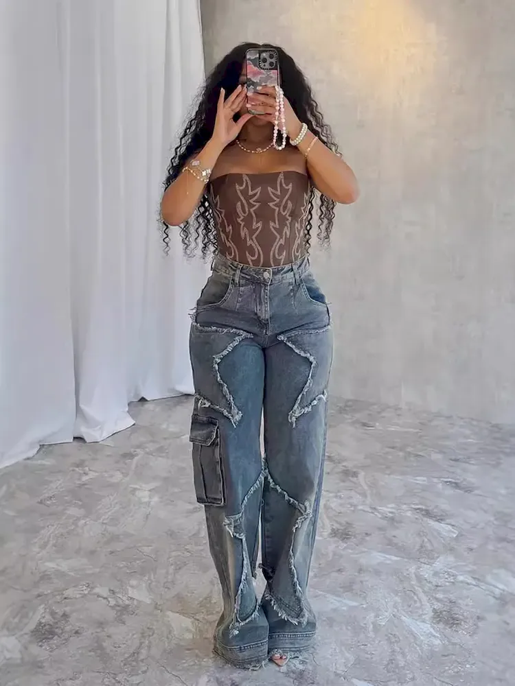 Women Vintage Autumn And Winter Star Tassel Fringe Loose Straight Casual Jeans - Image 3