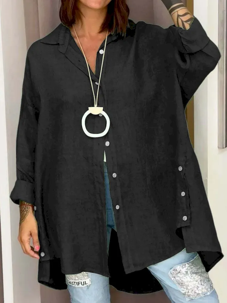 Summer Women Fashion Solid Color Casual Loose Cotton Linen Shirt Top - Image 3
