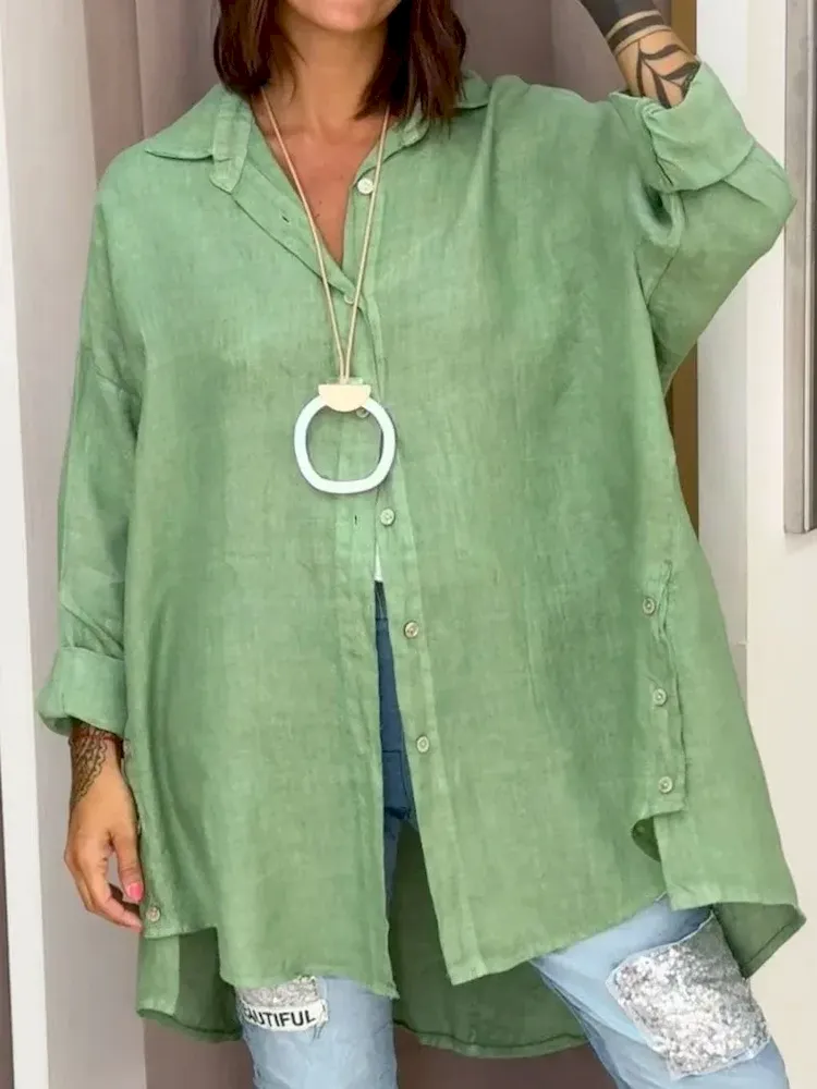 Summer Women Fashion Solid Color Casual Loose Cotton Linen Shirt Top - Image 5