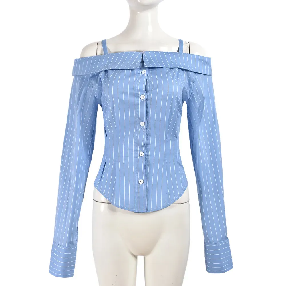 Women Fashion Stripe Long Sleeve Button Off-Shoulder Shirt Top - Image 5