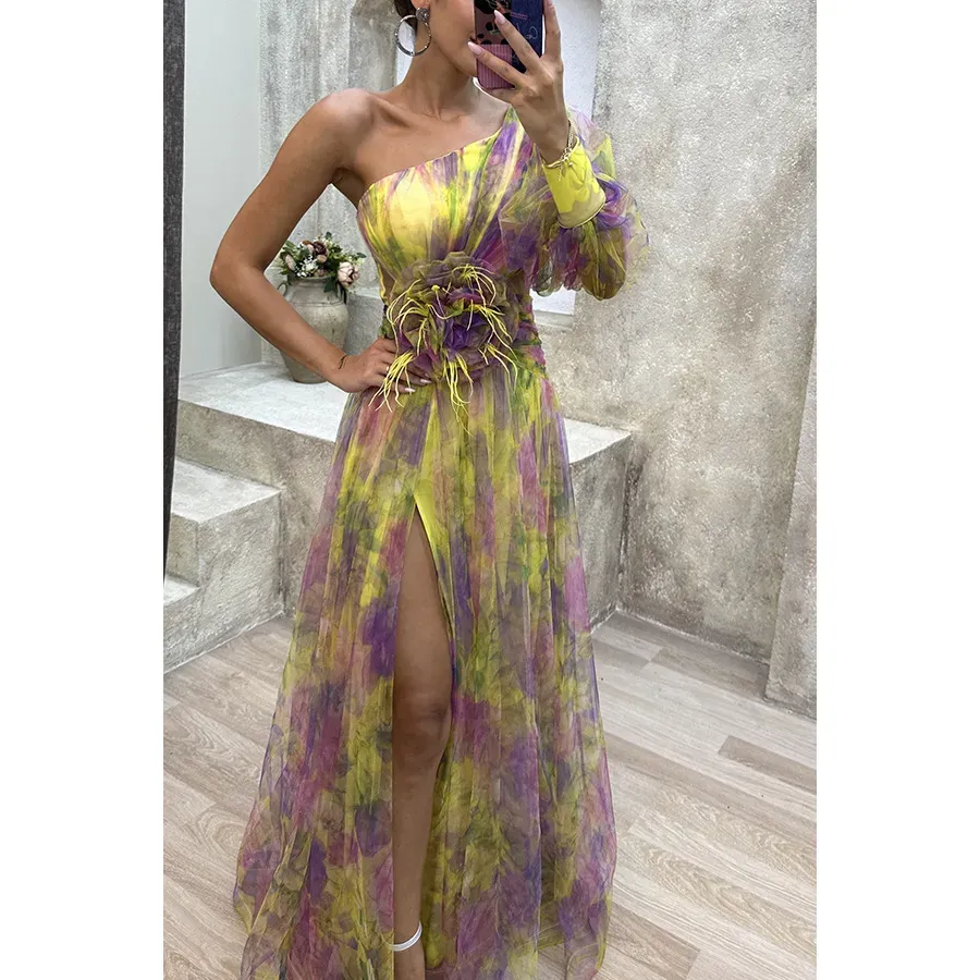Women Fashion Slant Shoulder Split Mesh Maxi Dress - Image 4