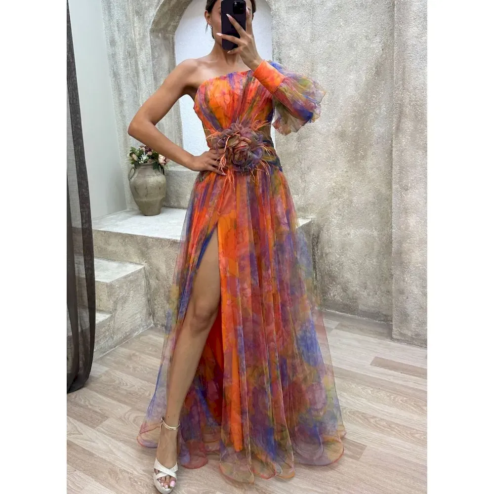 Women Fashion Slant Shoulder Split Mesh Maxi Dress - Image 5