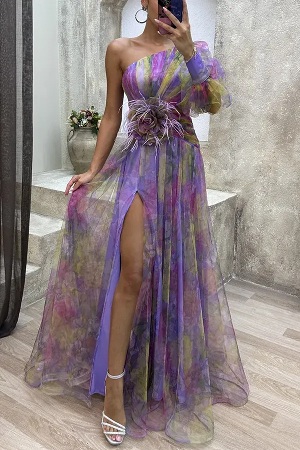 Women Fashion Slant Shoulder Split Mesh Maxi Dress - Image 6