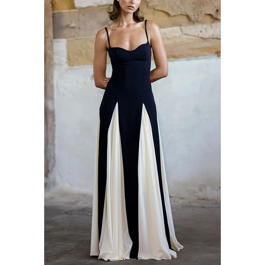 Women Fashion Elegant Color Contrast Maxi Dress - Image 3