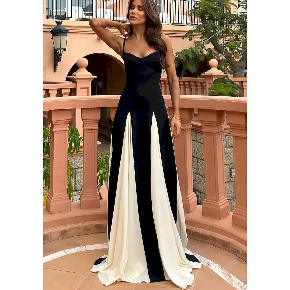 Women Fashion Elegant Color Contrast Maxi Dress - Image 5