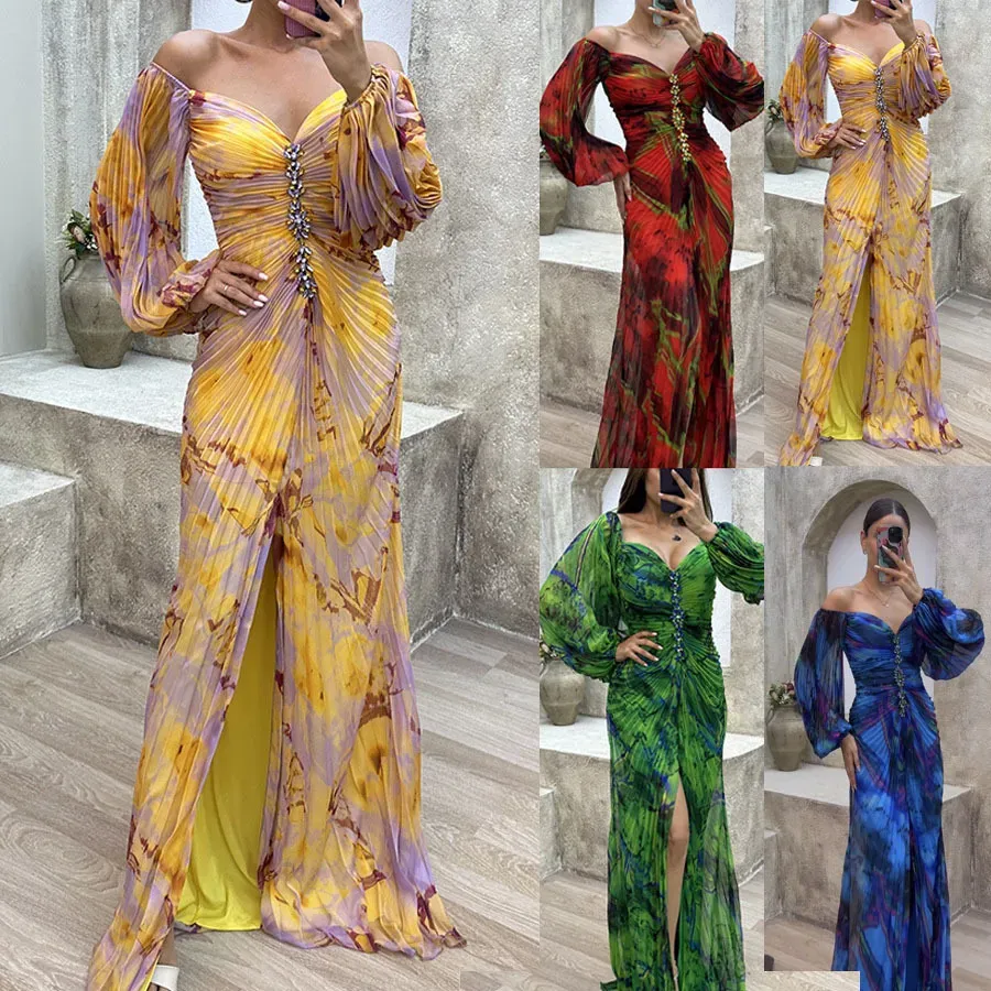 Women Fashion Elegant Pleated Split Long Sleeve Maxi Dress