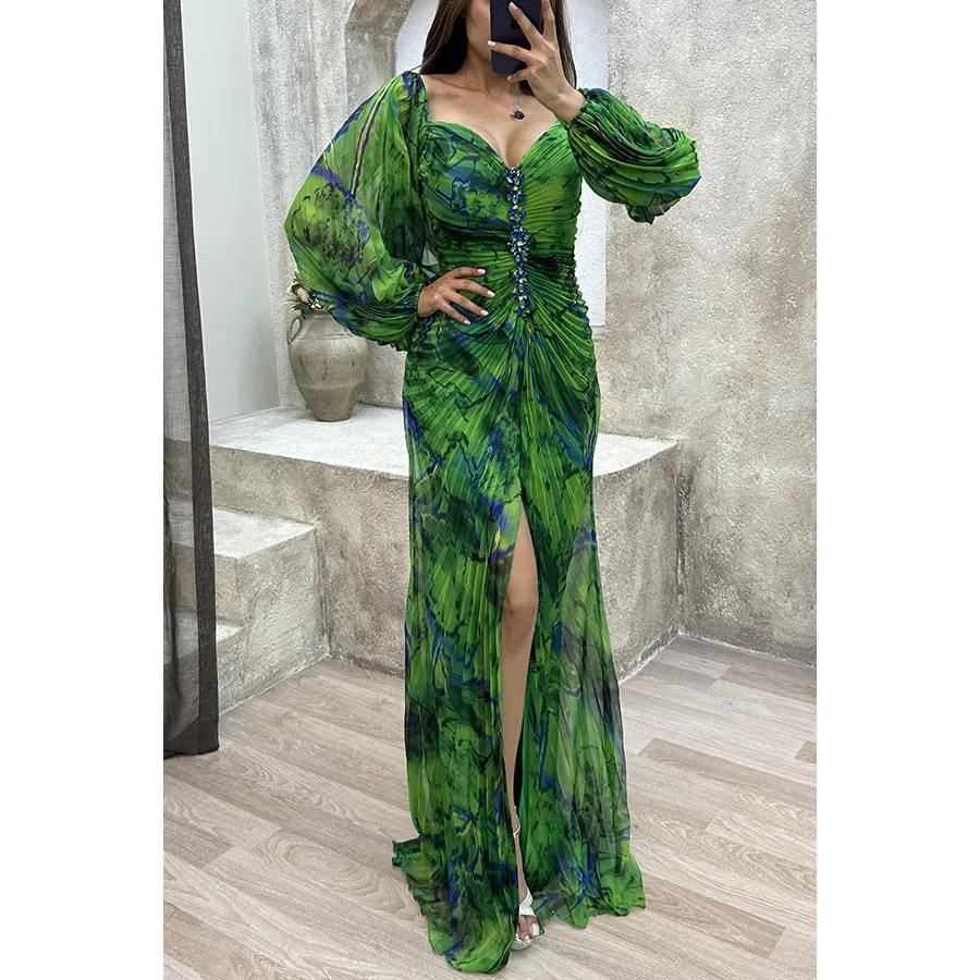 Women Fashion Elegant Pleated Split Long Sleeve Maxi Dress - Image 8