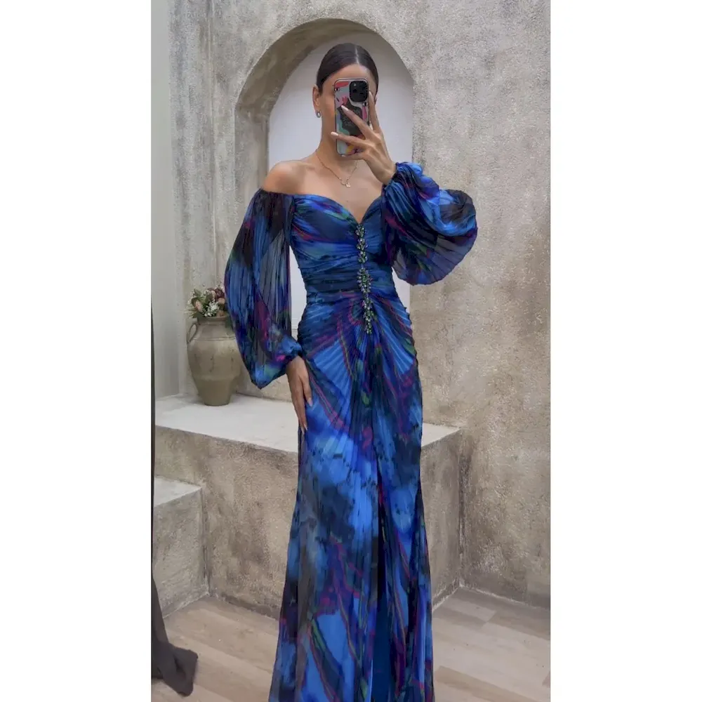 Women Fashion Elegant Pleated Split Long Sleeve Maxi Dress - Image 9