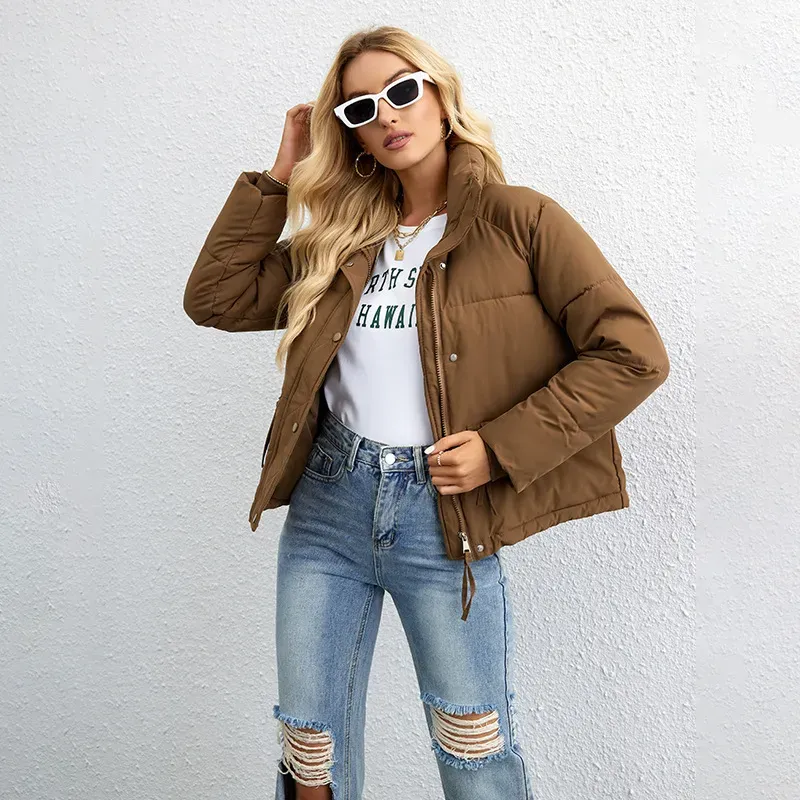 Autumn And Winter Women Fashion Solid Color Stand Collar Zipper Coat - Image 9
