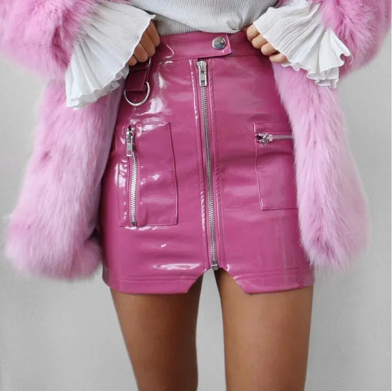 Women Sexy Solid Color Zipper Pocket PU Skirt