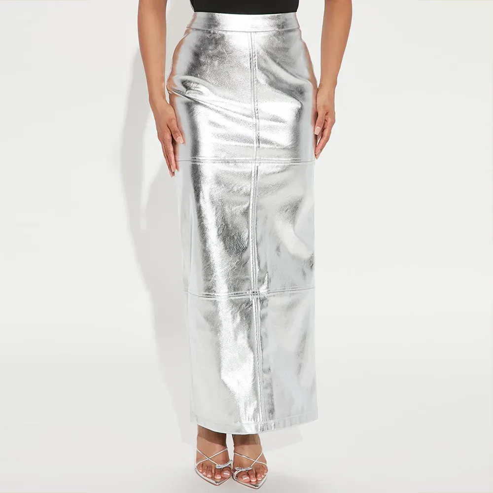 Women Fashion Solid Color Split Faux Leather Skirt - Image 7