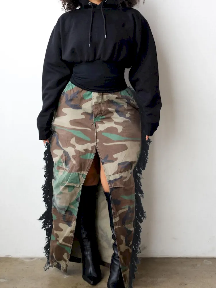 Summer Women Fashion Camouflage Print Tassel High Waist Split Skirt - Image 4
