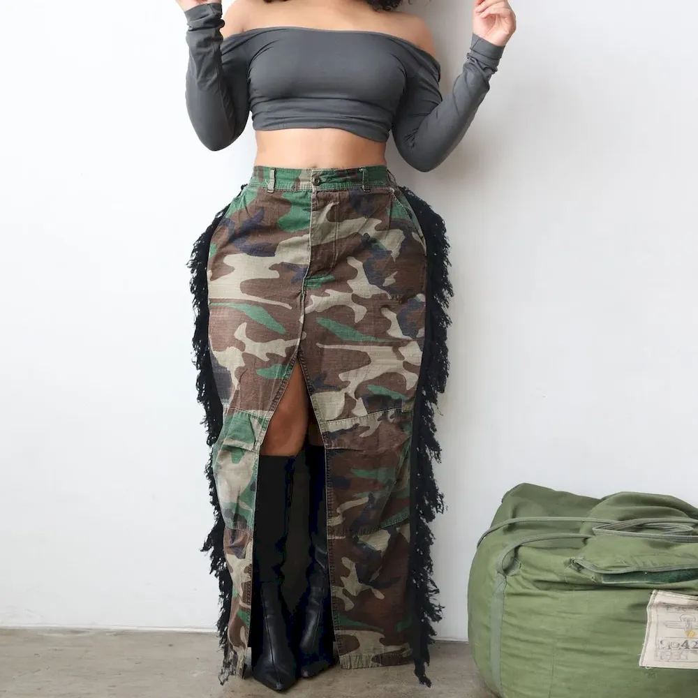 Summer Women Fashion Camouflage Print Tassel High Waist Split Skirt - Image 5