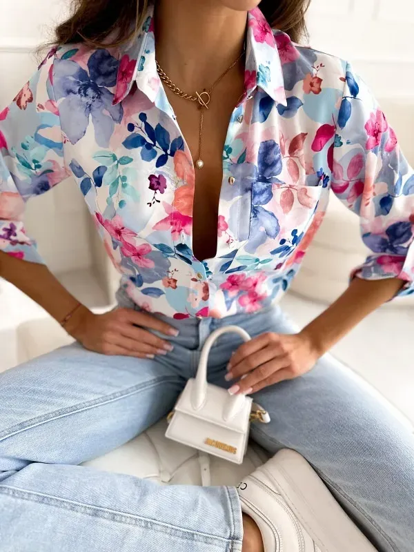 Summer Women Fashion Floral Print Lapel Long Sleeve Shirt - Image 20
