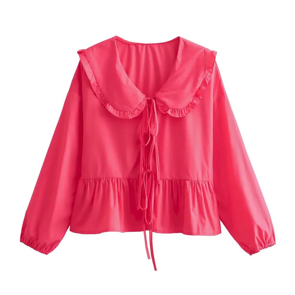 Women Fashion Casual Solid Color Doll Collar Lace Shirt Top - Image 5