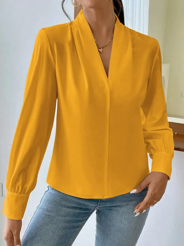 Women Fashion Solid Color V-Neck Long Sleeve Shirt - Image 5
