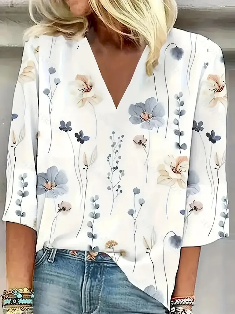 Women Fashion Colorful Geometric Floral Print V-Neck Shirt Top - Image 8