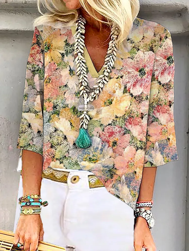 Women Fashion Colorful Geometric Floral Print V-Neck Shirt Top - Image 13