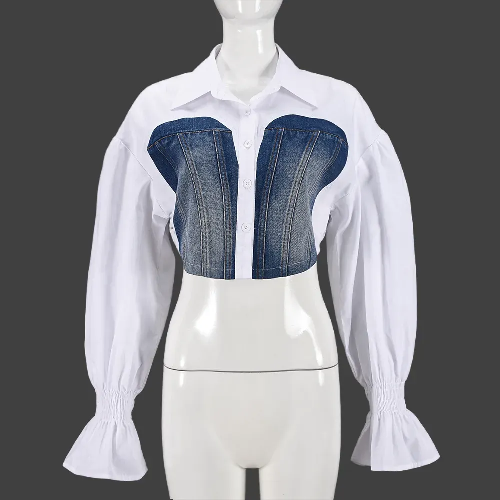 Women Fashion Denim Patchwork Horn Sleeve Crop Shirt Top - Image 5
