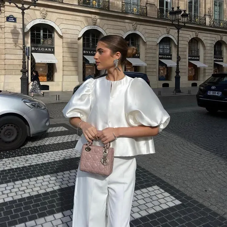 Summer Women Fashion Solid Color Satin Puff Sleeve Shirt Top - Image 4