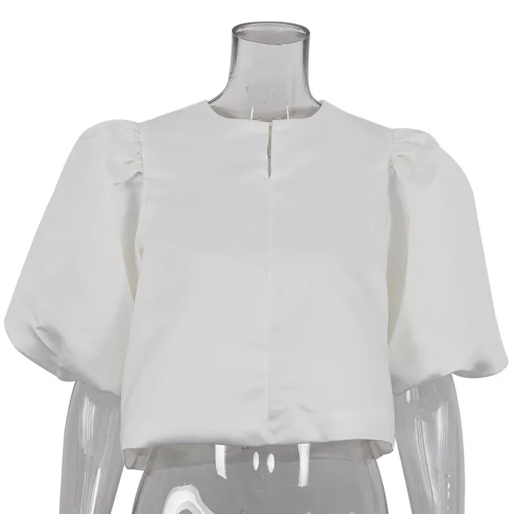 Summer Women Fashion Solid Color Satin Puff Sleeve Shirt Top - Image 5