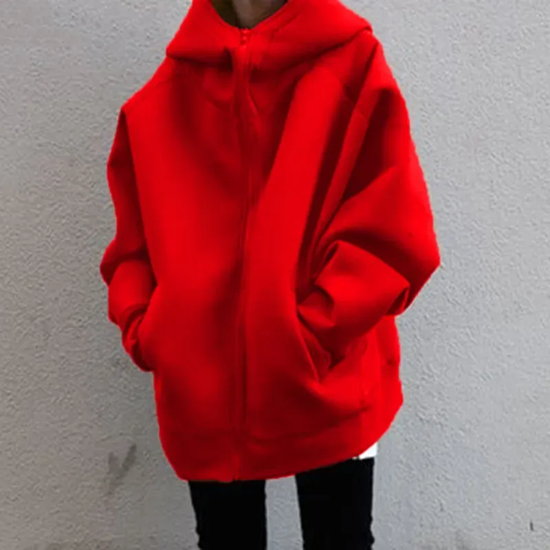 Autumn Winter Women Fashion Loose Fleece-Lined Zipper Long Sleeve Hoodie Jacket - Image 5
