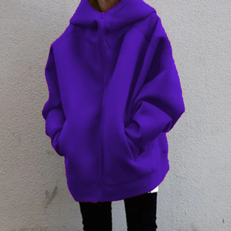 Autumn Winter Women Fashion Loose Fleece-Lined Zipper Long Sleeve Hoodie Jacket - Image 6
