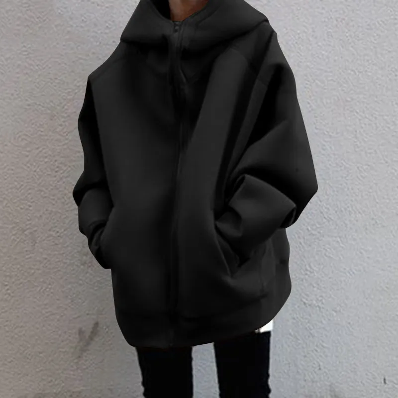 Autumn Winter Women Fashion Loose Fleece-Lined Zipper Long Sleeve Hoodie Jacket - Image 8
