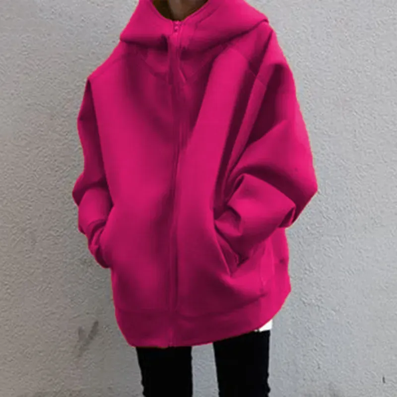 Autumn Winter Women Fashion Loose Fleece-Lined Zipper Long Sleeve Hoodie Jacket - Image 10