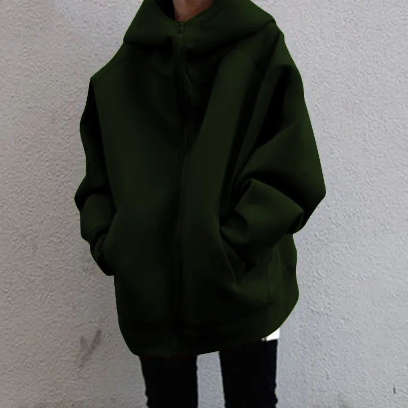 Autumn Winter Women Fashion Loose Fleece-Lined Zipper Long Sleeve Hoodie Jacket - Image 12