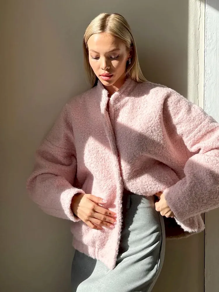 Autumn Winter Women Fashion Plush Stand Collar Long Sleeve Coat - Image 4