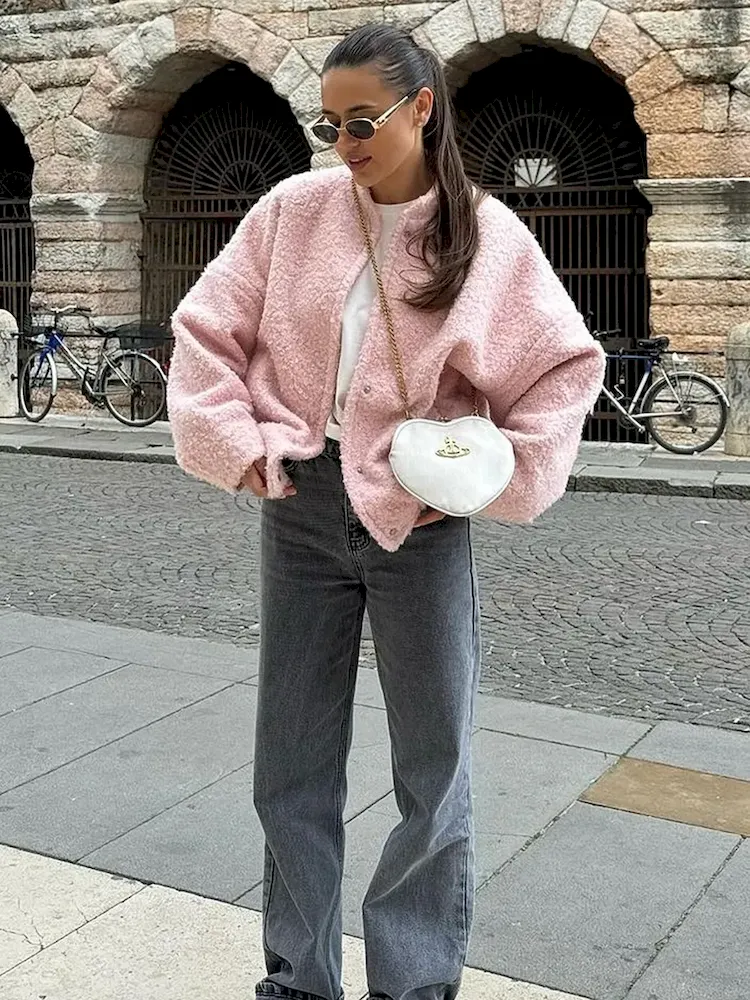 Autumn Winter Women Fashion Plush Stand Collar Long Sleeve Coat - Image 5