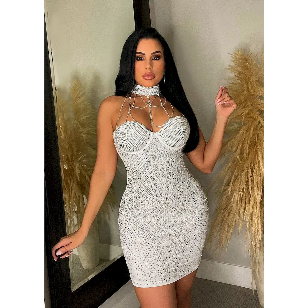 Women Fashion Sexy Tassel Rhinestone Halter Neck Tight Dress - Image 4