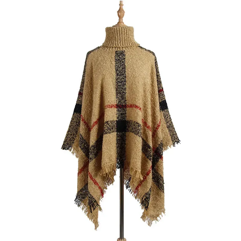 Autumn Winter Women Fashion High Collar Tassel Poncho Loose Knitted Top - Image 8