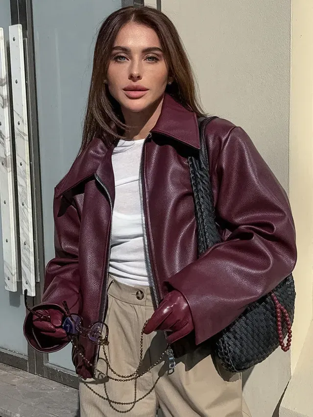 Autumn Winter Women Fashion Punk Lapel Zipper Long Sleeve Loose PU Coat - Image 3