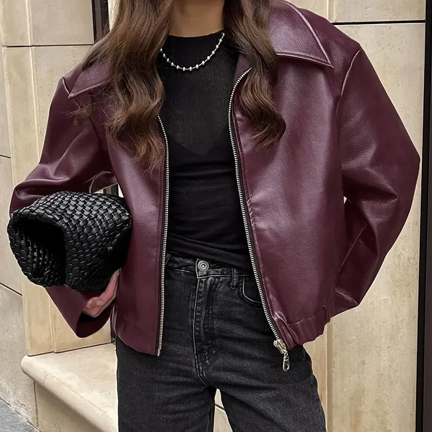 Autumn Winter Women Fashion Punk Lapel Zipper Long Sleeve Loose PU Coat - Image 6