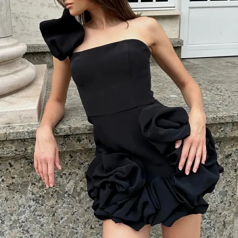 Summer Women Ruffled Flower Bud Tight Waist One-Shoulder Party Dress - Image 5