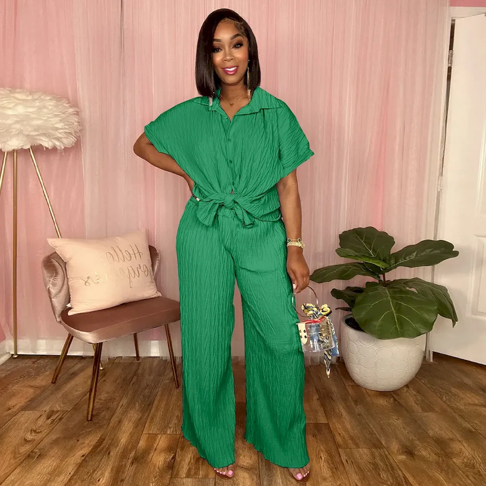 Women Spring And Summer Tree Pattern Embossed Cloth Short-Sleeved Shirt Casual Wide-Leg Pants Set
