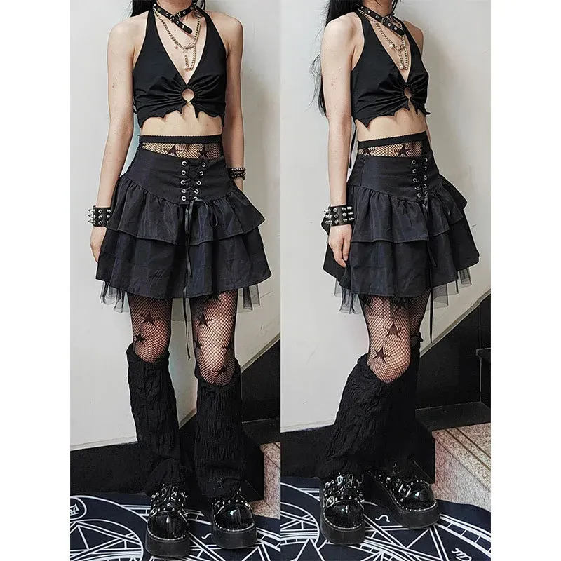 Women Fashion Dark Gothic Mesh Stitching High Waist Skirt - Image 3