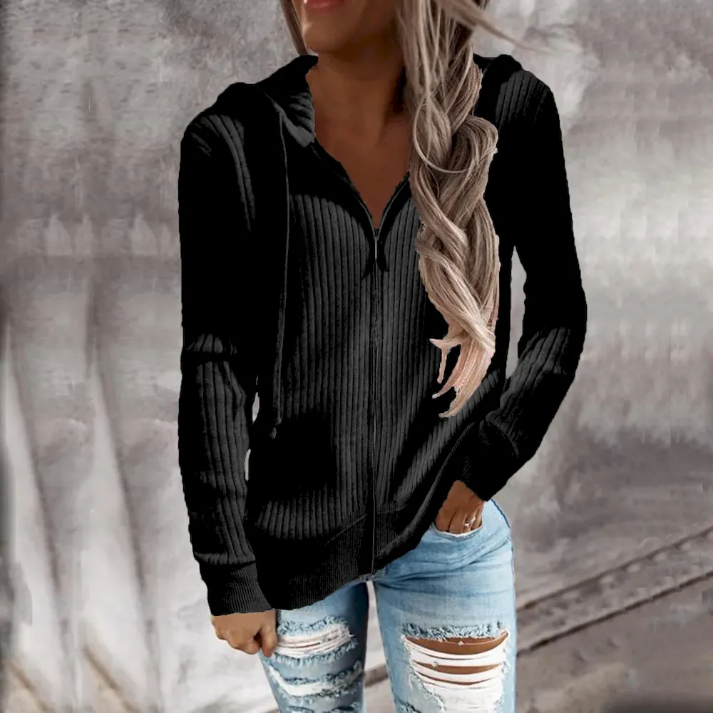 Autumn Winter Women Casual Solid Color Long Sleeve Zipper Cardigan Hooded Jacket - Image 5