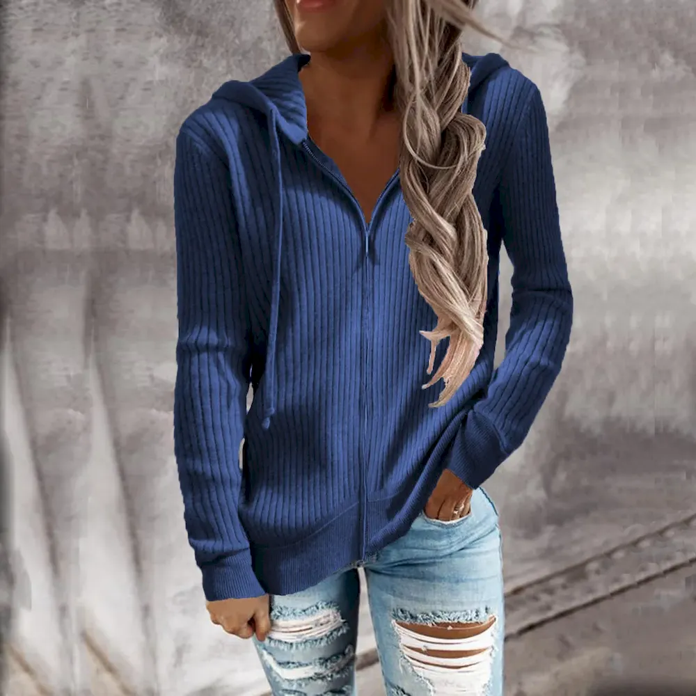 Autumn Winter Women Casual Solid Color Long Sleeve Zipper Cardigan Hooded Jacket - Image 7