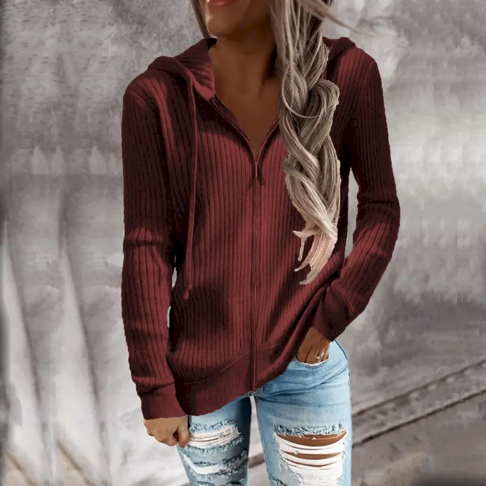 Autumn Winter Women Casual Solid Color Long Sleeve Zipper Cardigan Hooded Jacket - Image 8