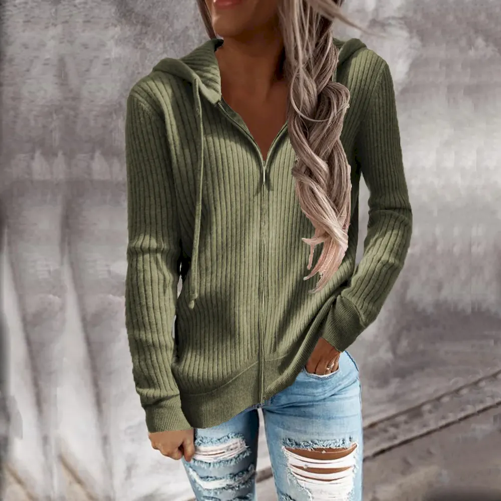 Autumn Winter Women Casual Solid Color Long Sleeve Zipper Cardigan Hooded Jacket - Image 10