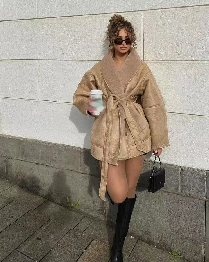 Autumn Winter Women Fashion Cashmere Leather Fur Collar Thickened Lace-Up Long Sleeve Jacket - Image 6