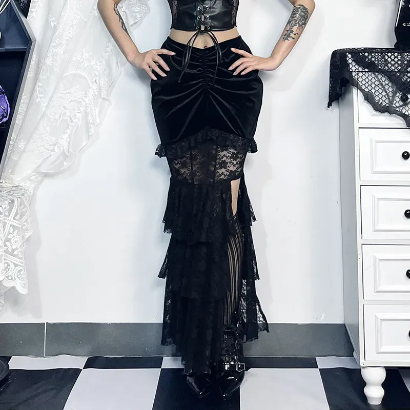 Women Fashion Dark Gothic Multi-Layer Stitching Split Fishtail Skirt - Image 3
