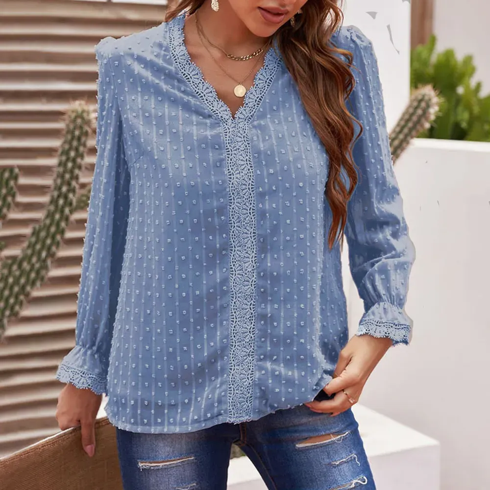 Women Solid Color V-Neck Jacquard Embroidered Lace Loose Chiffon Blouse - Image 3