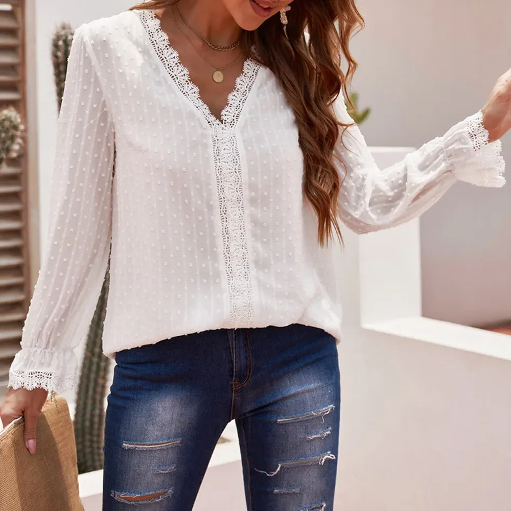 Women Solid Color V-Neck Jacquard Embroidered Lace Loose Chiffon Blouse - Image 4