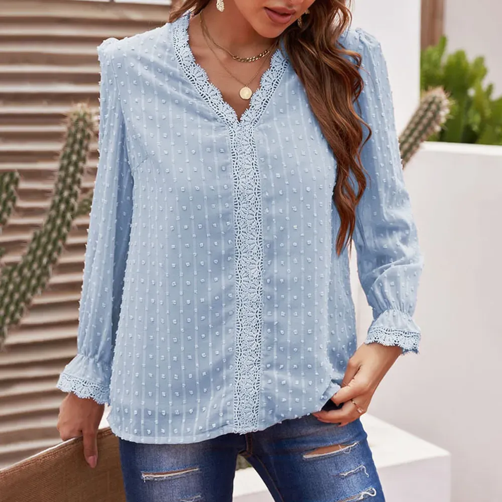 Women Solid Color V-Neck Jacquard Embroidered Lace Loose Chiffon Blouse - Image 6
