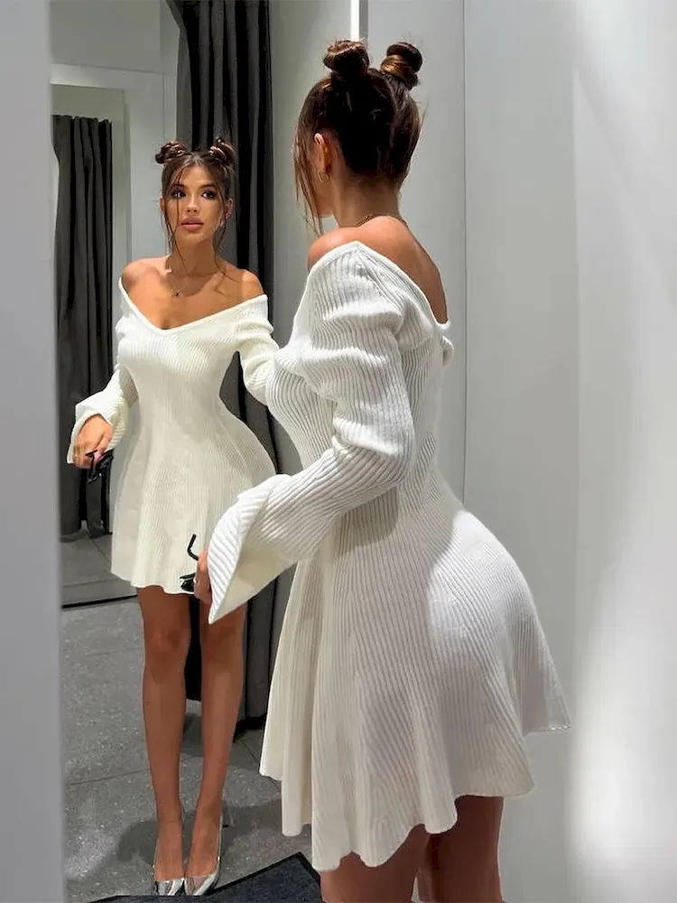Autumn Winter Women Fashion Sexy Off Shoulder V-Neck Long Sleeve Knitted Dress - Image 5